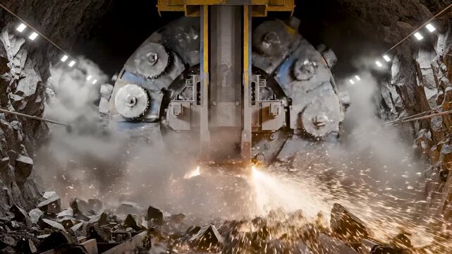 Tunnel Boring Machine Cutterhead Grinding Granite Rock Underground During Subway Construction and Heavy Infrastructure Excavation
