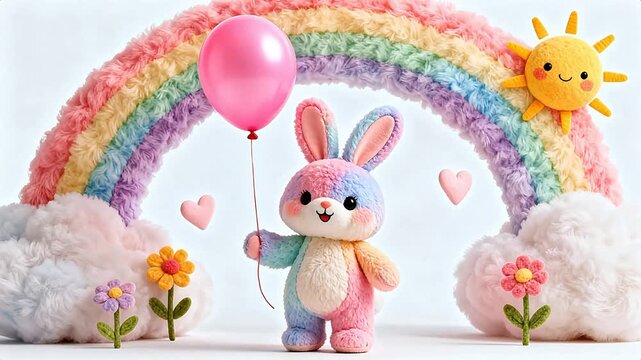 Colorful bunny with rainbow and balloon