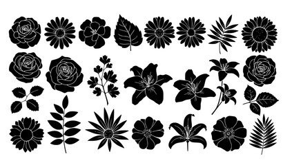 Fototapeta premium Hand-Drawn Flower and Leaf Silhouette Vector Collection Flat Black Isolated on White