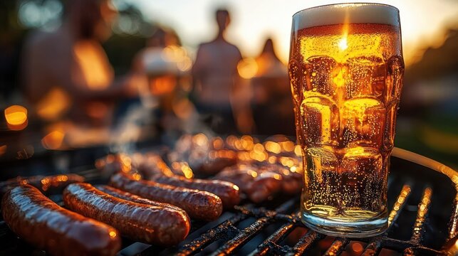 Glowing pint of beer on a backyard grill beside sizzling sausages at sunset with blurred friends in the background, warm convivial summer atmosphere