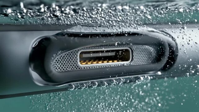 IP68 Smartphone Charging Port Underwater Showing Rubber O Ring Gasket and Hydrophobic Mesh Blocking Water from Electronics