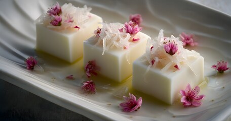 Symmetrical arrangement of elegant white desserts with delicate pink floral garnish.