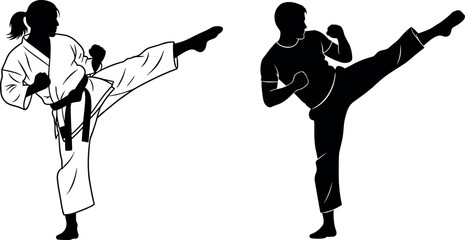 Black and white silhouettes of a female karate black belt and male martial artist performing a powerful side roundhouse kick © Reginald Diesel