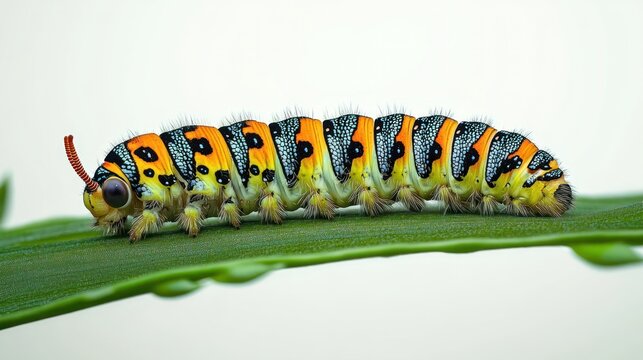 vibrant colorful caterpillar with orange and yellow segmented body, blue and black spots, fine hairs and curved antennae crawling peacefully along a green leaf against a pale background