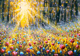 Fototapeta premium Impressionist oil painting depicting sunbeams illuminating autumn forest flowers