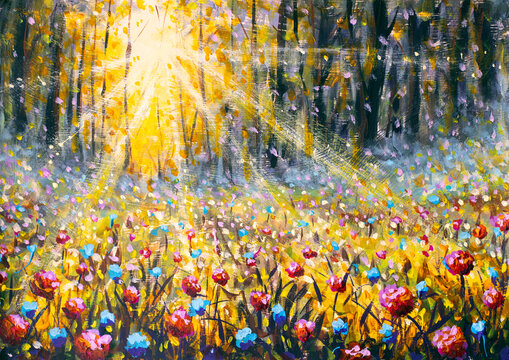 Impressionist oil painting depicting sunbeams illuminating autumn forest flowers