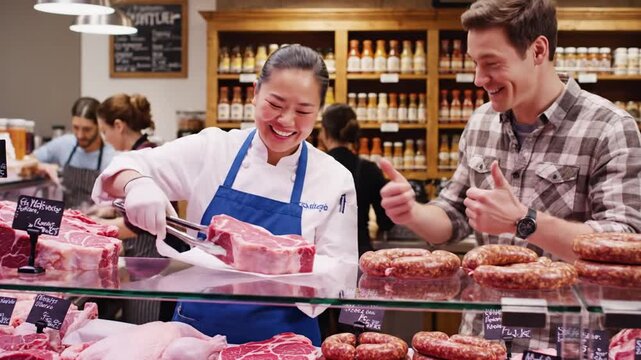 Butcher shows meat to customer.