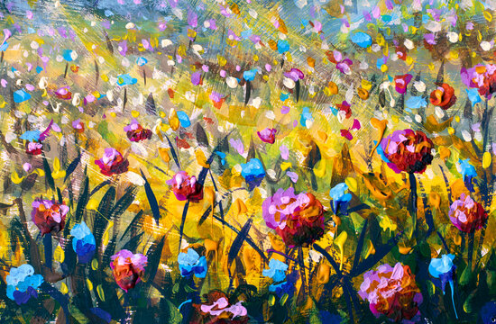Oil painting blooming meadow with colorful impressionistic flowers