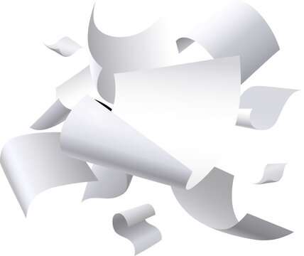 White papers flying around on a blank background