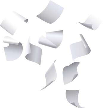 White papers flying and falling across white background