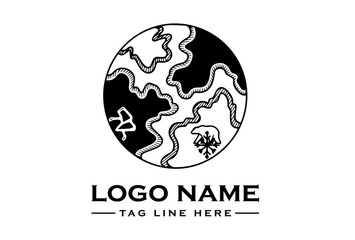 Black and white logo design featuring a stylized globe with abstract continents on a clean white background with placeholder text.