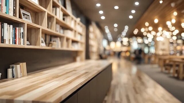 Modern wooden countertop and bookshelves in a blurred contemporary interior