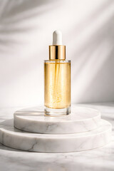 Luxury Facial Serum Bottle on Marble Podium