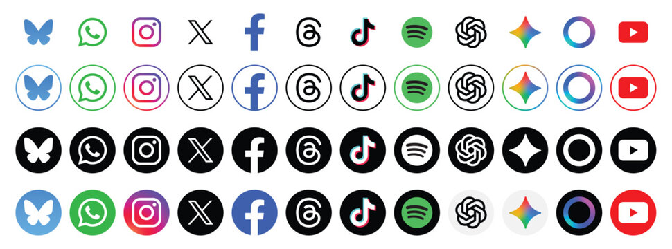 Social media icon set, social network Facebook, Instagram, WhatsApp, X, YouTube, Threads, Bluesky, TikTok, Spotify. AI app logo ChatGPT, Gemini, Meta AI. vector illustration eps file. 