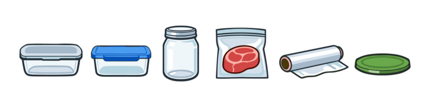Various food storage containers including plastic boxes, glass jar, vacuum bag, and cling film
