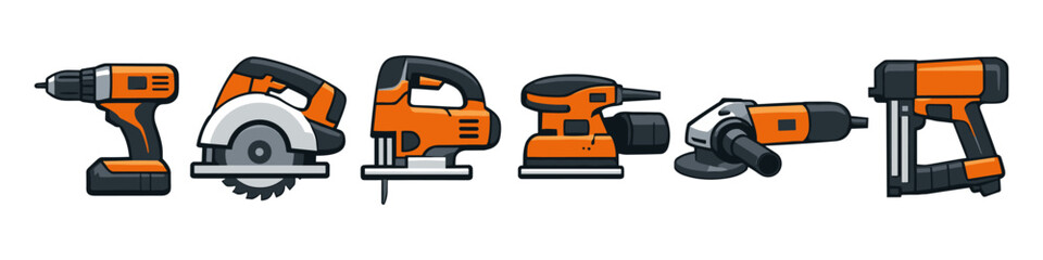 Naklejka premium Collection of modern orange and black power tools for construction and DIY projects