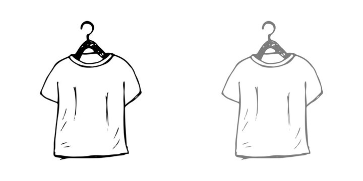 Hand-drawn t-shirt illustrations on hangers, black and white outline color