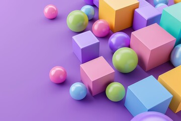 Obraz premium Isometric colorful blocks spheres geometric shapes abstract composition purple background modern design
