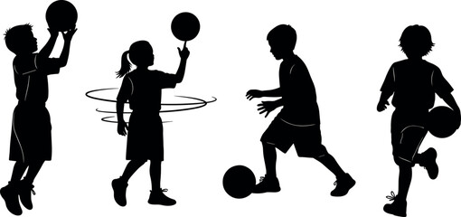 Silhouettes of active children playing basketball and soccer sports including shooting spinning ball on finger dribbling and running with ball © Reginald Diesel