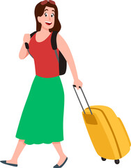 Smiling woman traveling walking pulling yellow luggage