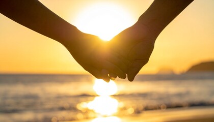 Silhouette of hands holding each other against a sunset backdrop.