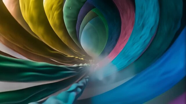 Colorful visual effect abstract rainbow gas smoke waves concept. Colorful fabric swirling in a dynamic tunnel with mist and soft lighting abstract vibrant background