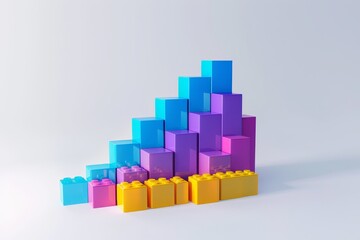 Fototapeta premium Block growth chart upward graph business success finance strategy concept blue purple blocks isolated white background