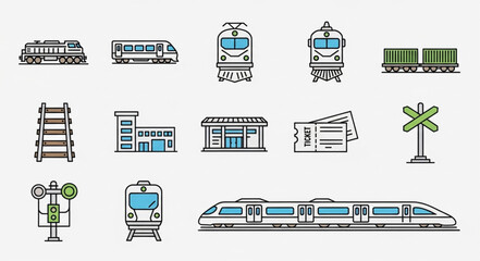 Collection of various train and railway related icons and illustrations. © Novi