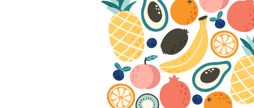 Healthy tropical fruit mix border on white background