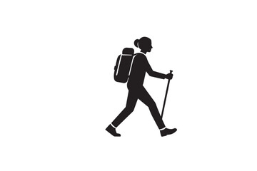 Fototapeta premium Black silhouette of a female hiker with a backpack and a walking stick, depicting outdoor adventure