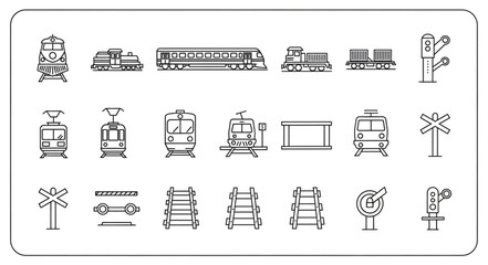 Collection of various train and railway icons in a simple line art style. © Novi