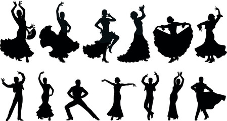Collection of professional flamenco dancer silhouettes with men and women in traditional Spanish costumes performing expressive dance moves and passionate cultural poses