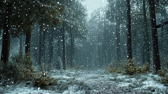 snowfall in the spruce forest trees background, winter, fir, pine 