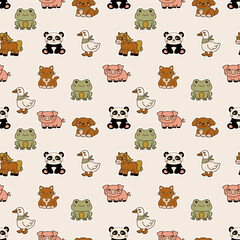 Fototapeta premium Seamless pattern with cute hand drawn animals including panda, frog, pig, dog and cat. Playful cartoon background for kids textiles, wallpapers, wrapping paper and stationery.