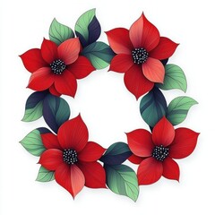 Obraz premium Cheerful elegant circular wreath of four red stylized flowers with layered green leaves on white background