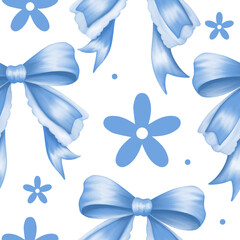 Blue Coquette ribbon bow Watercolor hand painting soft pastel Color. bow ribbon pattern repeating hand drawn seamless Pattern for fashion, tee, t shirt, print, poster, graphic, background.Coquette