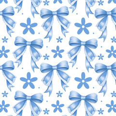 Blue Coquette ribbon bow Watercolor hand painting soft pastel Color. bow ribbon pattern repeating hand drawn seamless Pattern for fashion, tee, t shirt, print, poster, graphic, background.Coquette