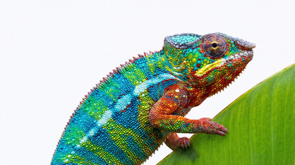 Obraz premium Vibrant chameleon perched on green leaf with stunning colorful scales