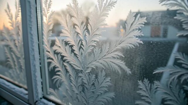 Change weather or climate animation seasonal concept. Frost patterns on glass window with winter morning sunlight creating beautiful icy designs