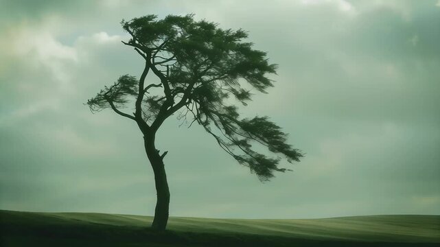 Change weather or climate animation seasonal concept. Solitary tree bending in the wind on a moody green grassy landscape under cloudy sky