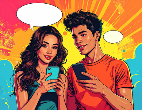 Young couple flirting via text message on smartphones in vibrant pop art comic book style, separated by a lightning bolt, illustrating online dating or distant communication