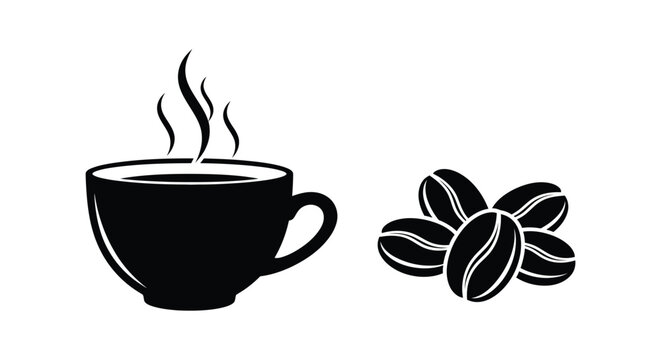 A steaming cup of coffee with beans a striking silhouette