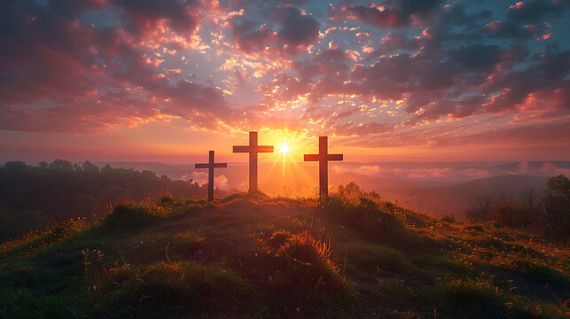 Three crosses on hill at sunset with dramatic sky, religious background for Good Friday and Easter resurrection theme.