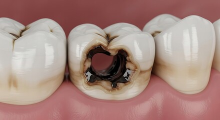 Severe dental cavity showing tooth decay and dark damaged enamel