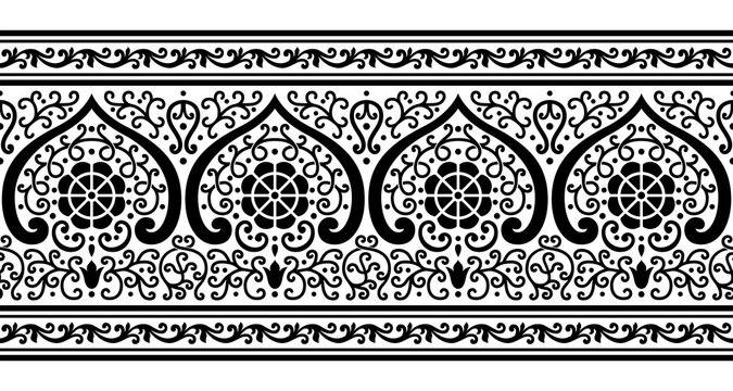 Black and white seamless floral horizontal pattern, brush. Indian art legacy. Indian, Arabic, Middle East classic style. 