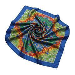 A colorful silk scarf with a blue border