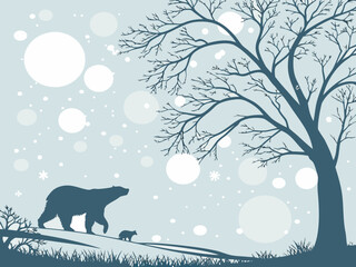Polar bear and cub walking in a snowy winter landscape with a bare tree.