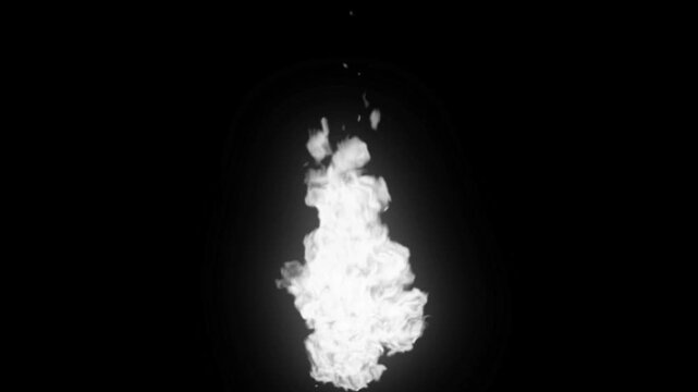 Realistic white fire flame animation on black background, glowing spirit energy burst with silver sparks for cinematic fantasy
