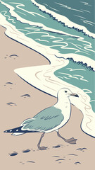 Fototapeta premium Seagull Walking on Sandy Beach with Ocean Waves.