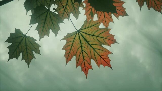 Change weather or climate animation seasonal concept. Close up of colorful maple leaves against cloudy sky in early autumn nature background